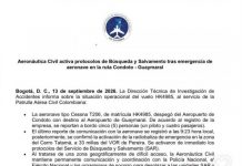 Aeronáutica Civil activa protocolos de búsqueda y salvamento tras emergencia de aeronave